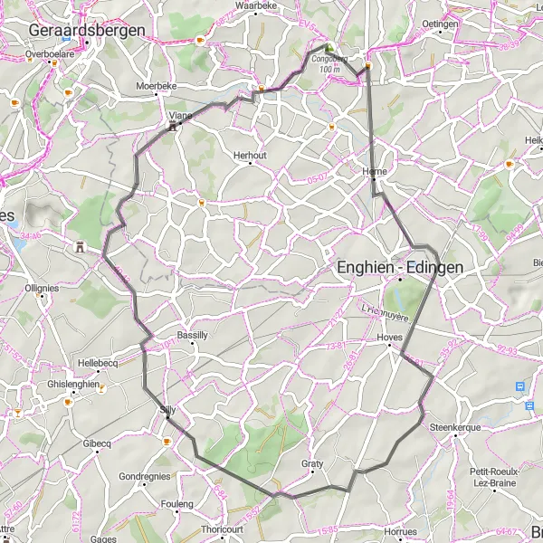 Miniature de la carte de l'inspiration cycliste "Herne - Galmaarden Road Cycling Route" dans la Prov. Vlaams-Brabant, Belgium. Générée par le planificateur d'itinéraire cycliste Tarmacs.app