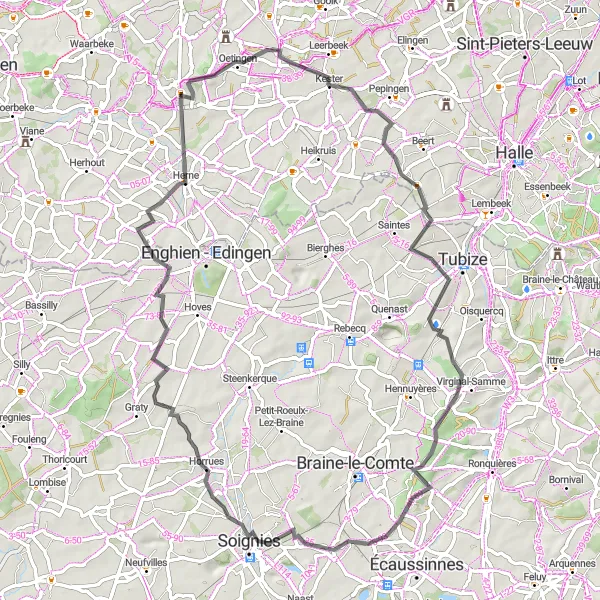 Miniatuurkaart van de fietsinspiratie "Pittoreske wegen rond Vollezele" in Prov. Vlaams-Brabant, Belgium. Gemaakt door de Tarmacs.app fietsrouteplanner