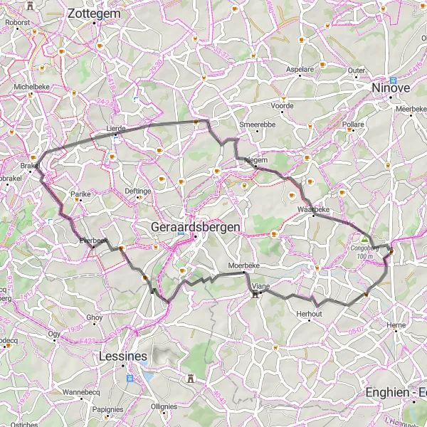 Miniatuurkaart van de fietsinspiratie "Toeren rond Vollezele via Tollembeek en Grimminge" in Prov. Vlaams-Brabant, Belgium. Gemaakt door de Tarmacs.app fietsrouteplanner