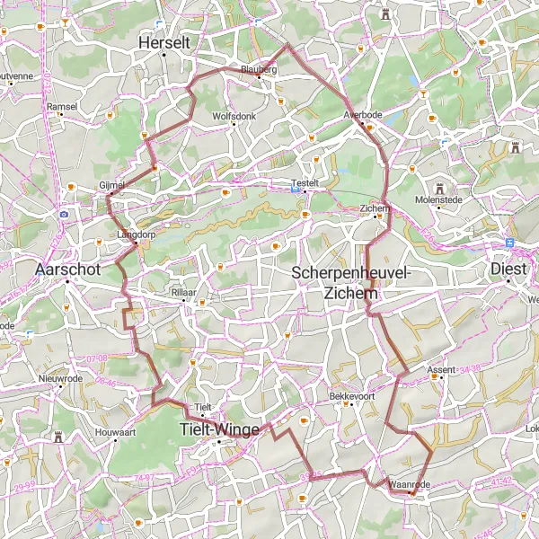 Map miniature of "Waanrode - Langdorp Loop" cycling inspiration in Prov. Vlaams-Brabant, Belgium. Generated by Tarmacs.app cycling route planner