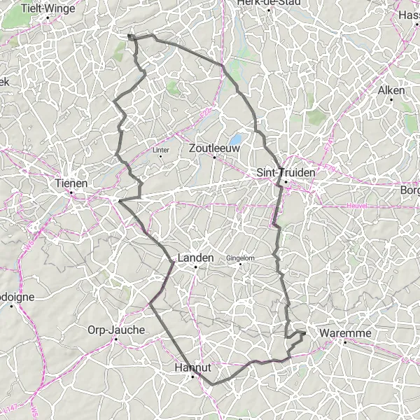 Map miniature of "Waanrode - Geetbets Loop" cycling inspiration in Prov. Vlaams-Brabant, Belgium. Generated by Tarmacs.app cycling route planner