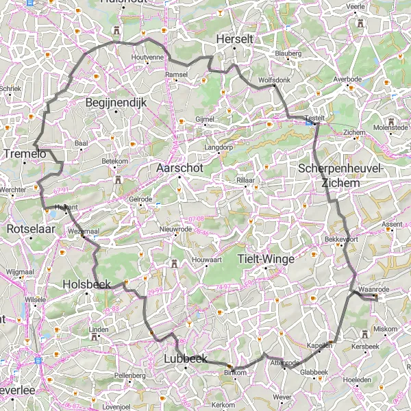 Miniatuurkaart van de fietsinspiratie "Heuvelachtige tocht door Vlaams-Brabant" in Prov. Vlaams-Brabant, Belgium. Gemaakt door de Tarmacs.app fietsrouteplanner