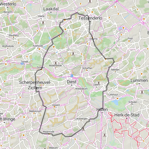 Map miniature of "Waanrode - Zichem Loop" cycling inspiration in Prov. Vlaams-Brabant, Belgium. Generated by Tarmacs.app cycling route planner