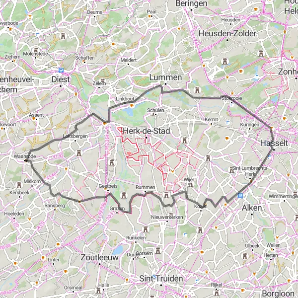 Karten-Miniaturansicht der Radinspiration "Rundfahrroute von Waanrode nach Kozen und zurück" in Prov. Vlaams-Brabant, Belgium. Erstellt vom Tarmacs.app-Routenplaner für Radtouren