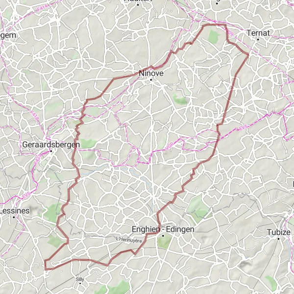 Miniatuurkaart van de fietsinspiratie "Gravelroute van Wambeek naar Idegem" in Prov. Vlaams-Brabant, Belgium. Gemaakt door de Tarmacs.app fietsrouteplanner
