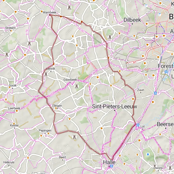 Miniatuurkaart van de fietsinspiratie "Gravelroute Wambeek en omgeving" in Prov. Vlaams-Brabant, Belgium. Gemaakt door de Tarmacs.app fietsrouteplanner