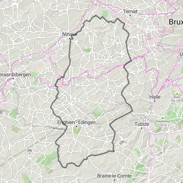 Map miniature of "Hills of Hainaut" cycling inspiration in Prov. Vlaams-Brabant, Belgium. Generated by Tarmacs.app cycling route planner