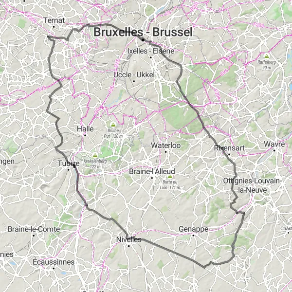 Map miniature of "Berchem-Sainte-Agathe - Tubize Road Cycling" cycling inspiration in Prov. Vlaams-Brabant, Belgium. Generated by Tarmacs.app cycling route planner