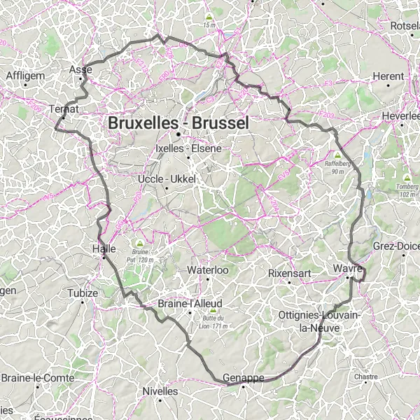 Map miniature of "Grimbergen and Beyond" cycling inspiration in Prov. Vlaams-Brabant, Belgium. Generated by Tarmacs.app cycling route planner