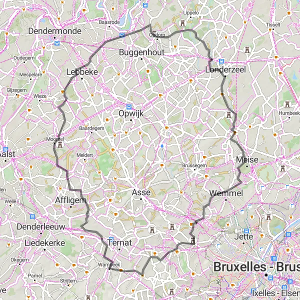 Map miniature of "Meandering through Moorsel" cycling inspiration in Prov. Vlaams-Brabant, Belgium. Generated by Tarmacs.app cycling route planner