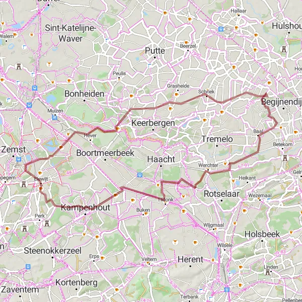 Karten-Miniaturansicht der Radinspiration "Rijmenam und Tildonk Rundfahrroute" in Prov. Vlaams-Brabant, Belgium. Erstellt vom Tarmacs.app-Routenplaner für Radtouren