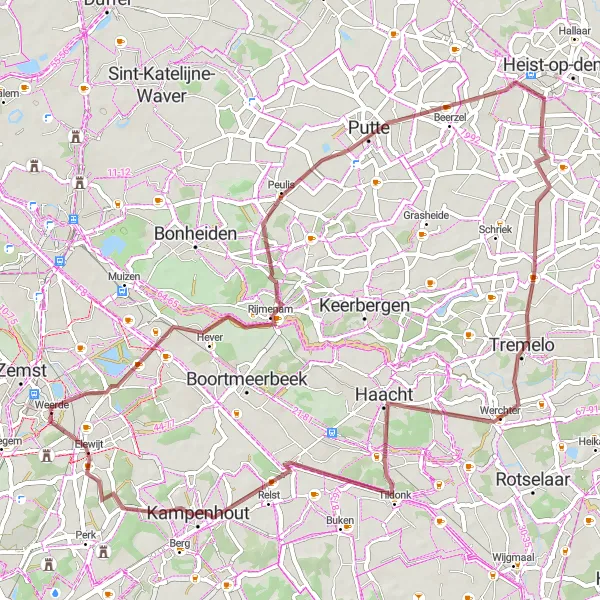 Miniatuurkaart van de fietsinspiratie "Gravelavontuur door Putte en Tremelo" in Prov. Vlaams-Brabant, Belgium. Gemaakt door de Tarmacs.app fietsrouteplanner