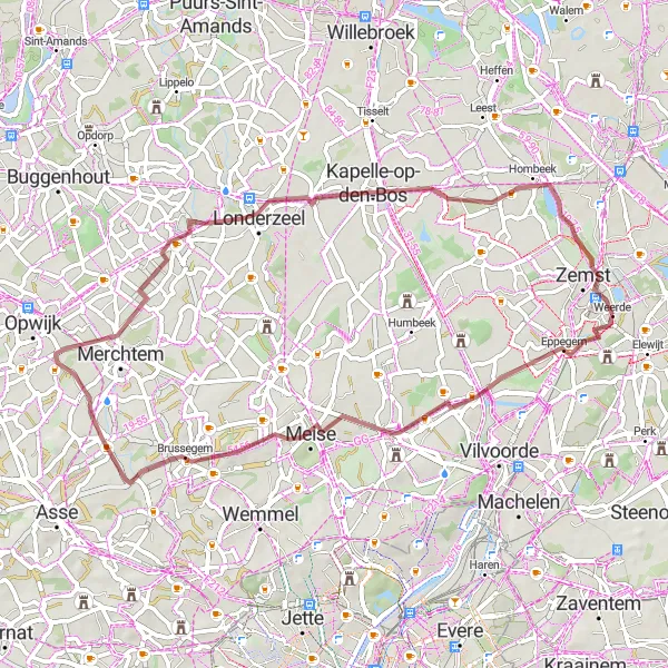 Karten-Miniaturansicht der Radinspiration "Merchtem und Londerzeel Rundfahrroute" in Prov. Vlaams-Brabant, Belgium. Erstellt vom Tarmacs.app-Routenplaner für Radtouren