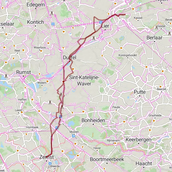 Map miniature of "Duffel to Elzestraat Gravel Journey" cycling inspiration in Prov. Vlaams-Brabant, Belgium. Generated by Tarmacs.app cycling route planner