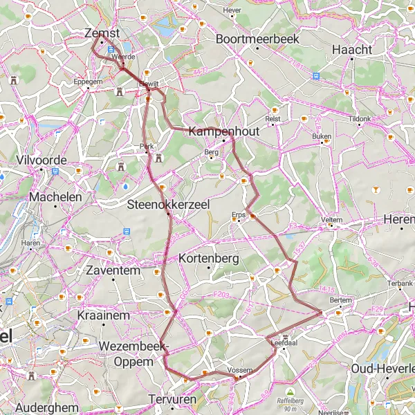 Karten-Miniaturansicht der Radinspiration "Gravel-Abenteuer von Kampenhout nach Zemst" in Prov. Vlaams-Brabant, Belgium. Erstellt vom Tarmacs.app-Routenplaner für Radtouren