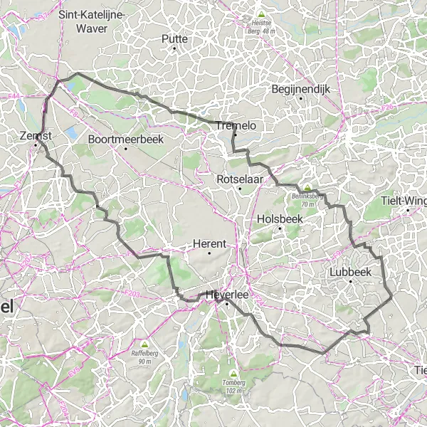 Miniature de la carte de l'inspiration cycliste "Le tour des collines flamandes" dans la Prov. Vlaams-Brabant, Belgium. Générée par le planificateur d'itinéraire cycliste Tarmacs.app