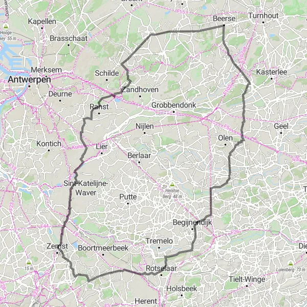 Karten-Miniaturansicht der Radinspiration "Rundfahrt von Weerde nach Tielen" in Prov. Vlaams-Brabant, Belgium. Erstellt vom Tarmacs.app-Routenplaner für Radtouren