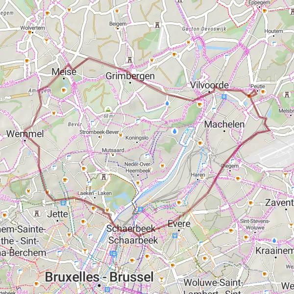 Miniatuurkaart van de fietsinspiratie "Gravelavontuur door Grimbergen en Schaarbeek" in Prov. Vlaams-Brabant, Belgium. Gemaakt door de Tarmacs.app fietsrouteplanner