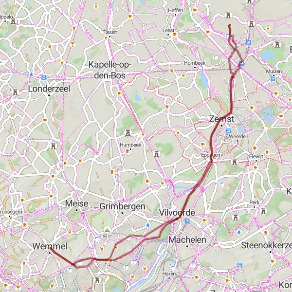 Miniature de la carte de l'inspiration cycliste "Circuit de vélo de gravier à partir de Wemmel" dans la Prov. Vlaams-Brabant, Belgium. Générée par le planificateur d'itinéraire cycliste Tarmacs.app