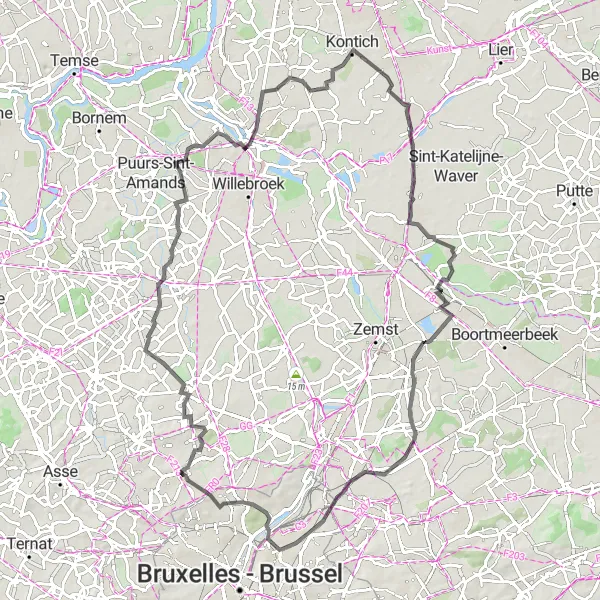 Miniature de la carte de l'inspiration cycliste "Parcours cyclable routier depuis Wemmel" dans la Prov. Vlaams-Brabant, Belgium. Générée par le planificateur d'itinéraire cycliste Tarmacs.app