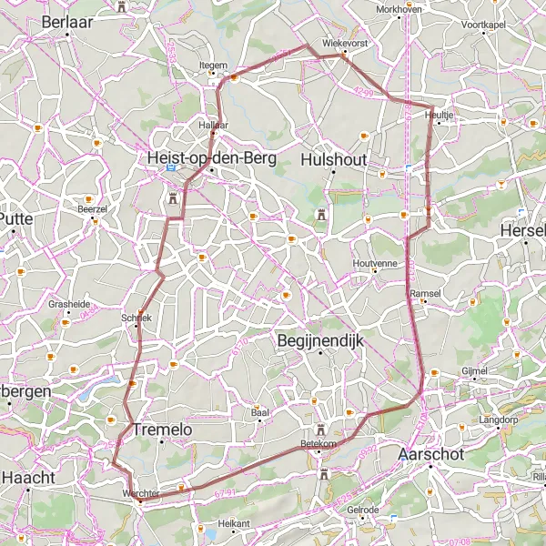 Miniatuurkaart van de fietsinspiratie "Gravelroute vanuit Werchter" in Prov. Vlaams-Brabant, Belgium. Gemaakt door de Tarmacs.app fietsrouteplanner