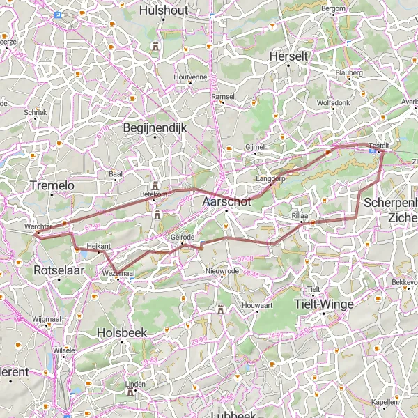 Miniatuurkaart van de fietsinspiratie "Gravelroute door Kouterberg en Wijngaardberg" in Prov. Vlaams-Brabant, Belgium. Gemaakt door de Tarmacs.app fietsrouteplanner