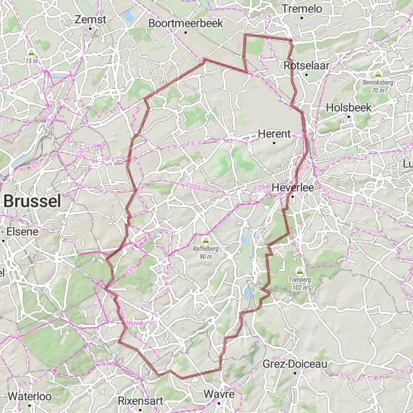 Miniatuurkaart van de fietsinspiratie "Gravelavontuur door Leuven en Steenokkerzeel" in Prov. Vlaams-Brabant, Belgium. Gemaakt door de Tarmacs.app fietsrouteplanner