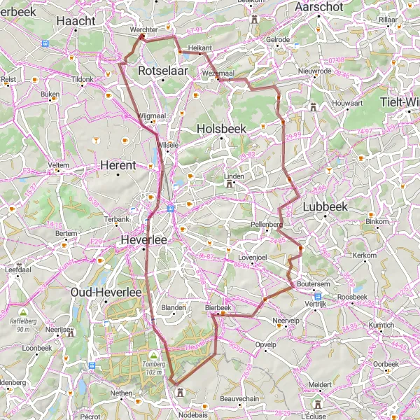 Map miniature of "Werchter Gravel Exploration" cycling inspiration in Prov. Vlaams-Brabant, Belgium. Generated by Tarmacs.app cycling route planner
