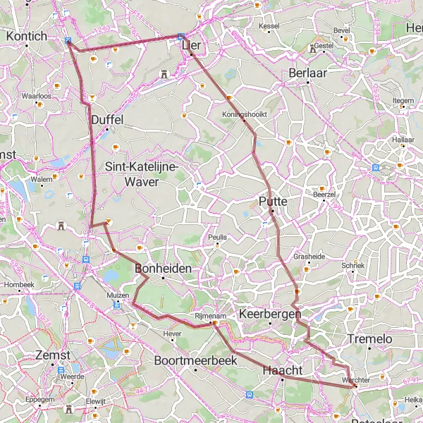 Miniatuurkaart van de fietsinspiratie "62 km Graveltocht vanuit Werchter" in Prov. Vlaams-Brabant, Belgium. Gemaakt door de Tarmacs.app fietsrouteplanner