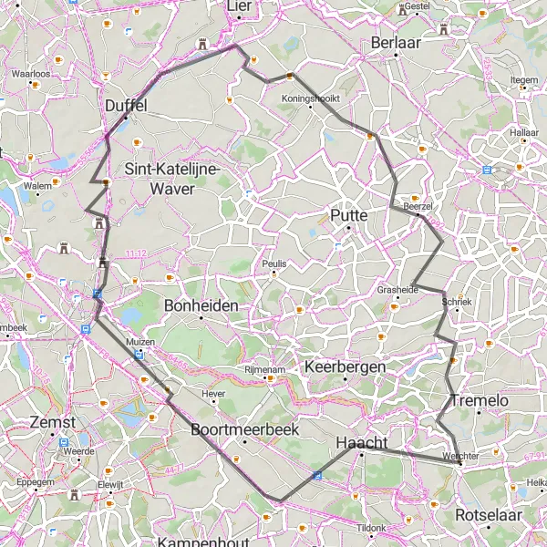 Map miniature of "Haacht - Werchter - Mechelen - Duffel Loop" cycling inspiration in Prov. Vlaams-Brabant, Belgium. Generated by Tarmacs.app cycling route planner