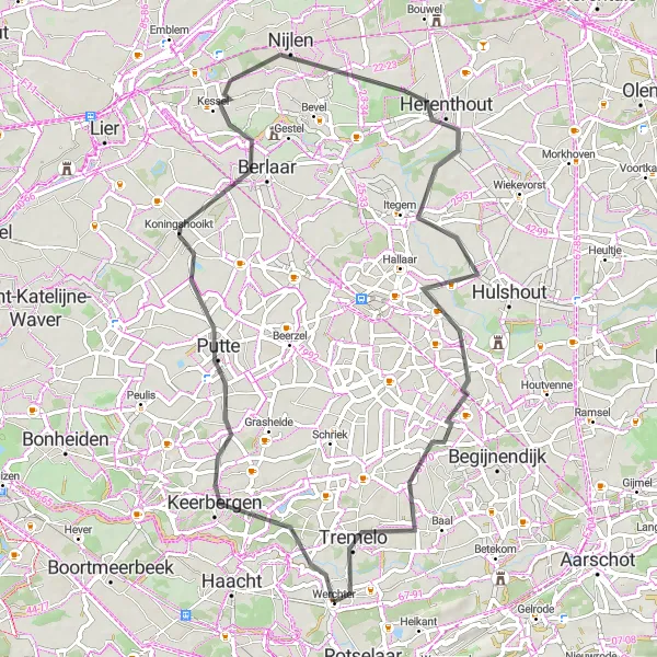 Map miniature of "Scenic Putte - Nijlen - Heistse Berg - Tremelo Loop" cycling inspiration in Prov. Vlaams-Brabant, Belgium. Generated by Tarmacs.app cycling route planner