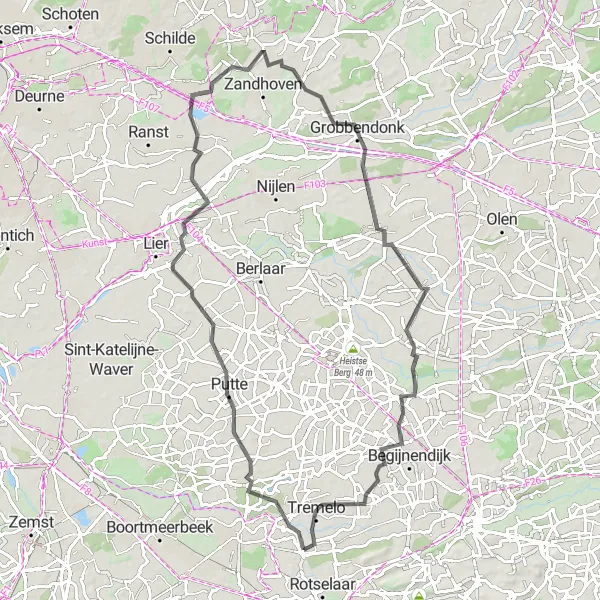 Karten-Miniaturansicht der Radinspiration "Straßenroute Putte-Balenberg" in Prov. Vlaams-Brabant, Belgium. Erstellt vom Tarmacs.app-Routenplaner für Radtouren