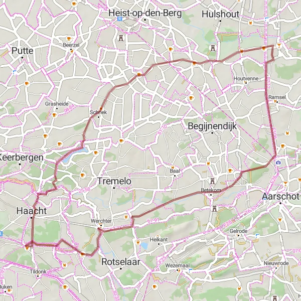 Miniatuurkaart van de fietsinspiratie "Heist-Goor en Betekom Gravel Route" in Prov. Vlaams-Brabant, Belgium. Gemaakt door de Tarmacs.app fietsrouteplanner