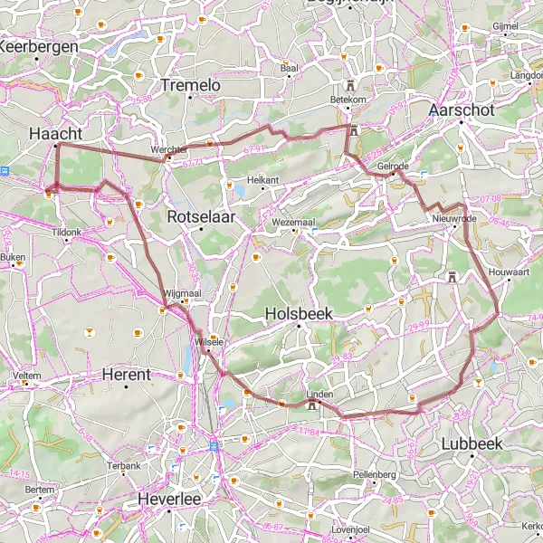 Map miniature of "Gravel Adventure in Wespelaar and Surrounding Villages" cycling inspiration in Prov. Vlaams-Brabant, Belgium. Generated by Tarmacs.app cycling route planner