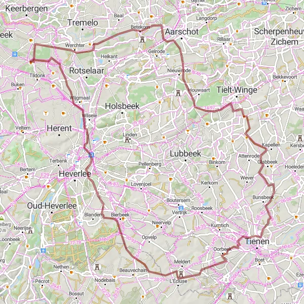 Miniatuurkaart van de fietsinspiratie "Gravelroute door Vlaams-Brabantse dorpen" in Prov. Vlaams-Brabant, Belgium. Gemaakt door de Tarmacs.app fietsrouteplanner