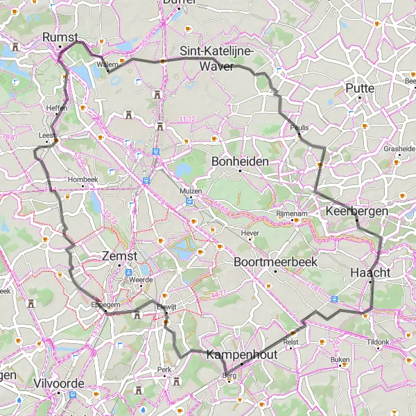 Karten-Miniaturansicht der Radinspiration "Radtour nach Elewijt und Peulis" in Prov. Vlaams-Brabant, Belgium. Erstellt vom Tarmacs.app-Routenplaner für Radtouren