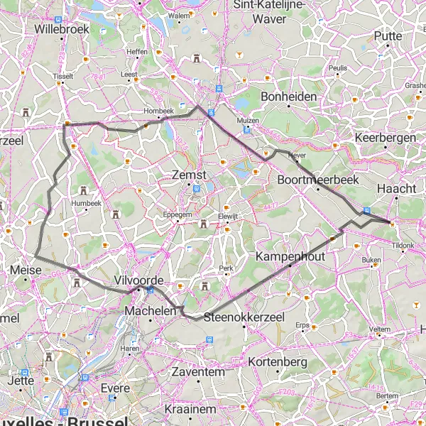 Karten-Miniaturansicht der Radinspiration "Rundfahrt von Wespelaar nach Grimbergen" in Prov. Vlaams-Brabant, Belgium. Erstellt vom Tarmacs.app-Routenplaner für Radtouren