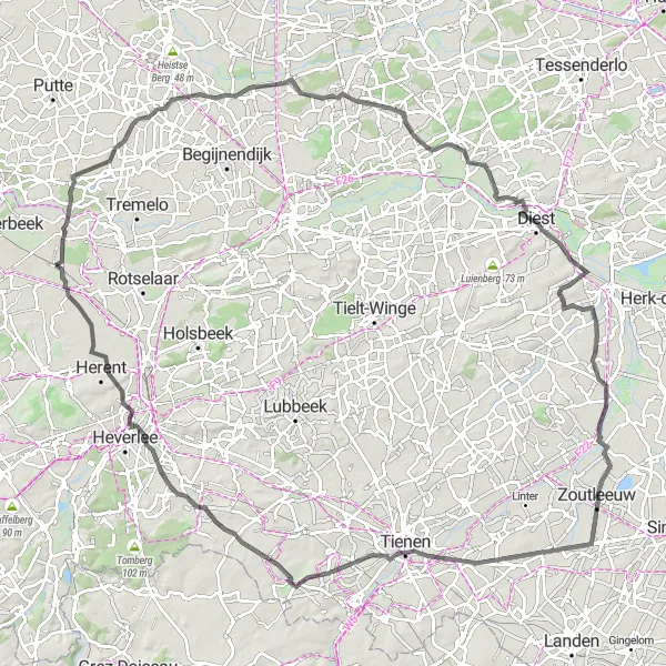 Miniature de la carte de l'inspiration cycliste "Parcours cyclable vers Verzonken tuin depuis Wespelaar" dans la Prov. Vlaams-Brabant, Belgium. Générée par le planificateur d'itinéraire cycliste Tarmacs.app