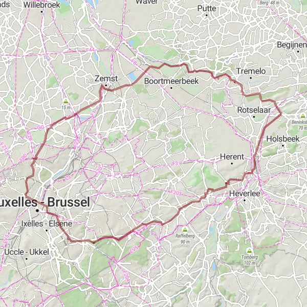 Miniatuurkaart van de fietsinspiratie "Gravelpaden van Wezemaal" in Prov. Vlaams-Brabant, Belgium. Gemaakt door de Tarmacs.app fietsrouteplanner