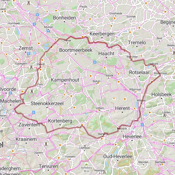 Miniatuurkaart van de fietsinspiratie "Avontuurlijke Gravelroute door Everberg en Rijmenam" in Prov. Vlaams-Brabant, Belgium. Gemaakt door de Tarmacs.app fietsrouteplanner