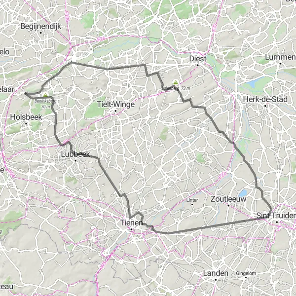 Miniatuurkaart van de fietsinspiratie "Heuvelachtige Kempen Route" in Prov. Vlaams-Brabant, Belgium. Gemaakt door de Tarmacs.app fietsrouteplanner