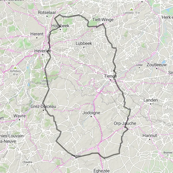 Map miniature of "The Hilltop Challenge" cycling inspiration in Prov. Vlaams-Brabant, Belgium. Generated by Tarmacs.app cycling route planner