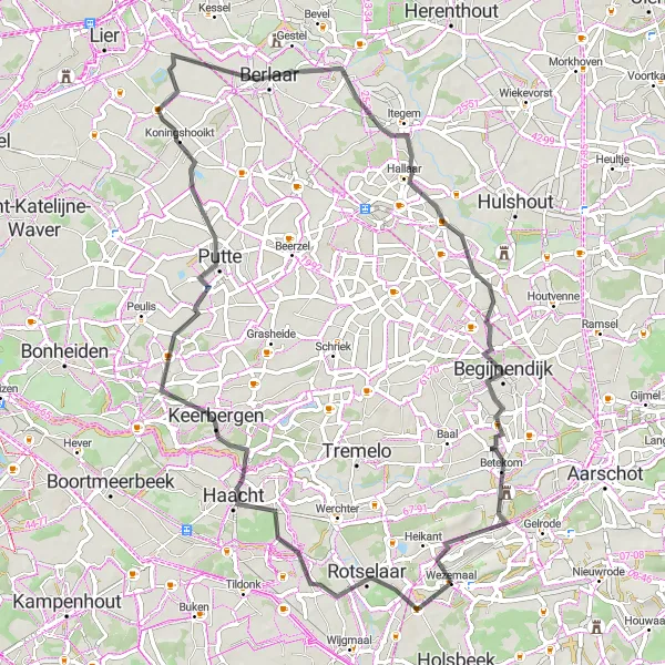 Miniatuurkaart van de fietsinspiratie "Meren en Plassen Tour" in Prov. Vlaams-Brabant, Belgium. Gemaakt door de Tarmacs.app fietsrouteplanner