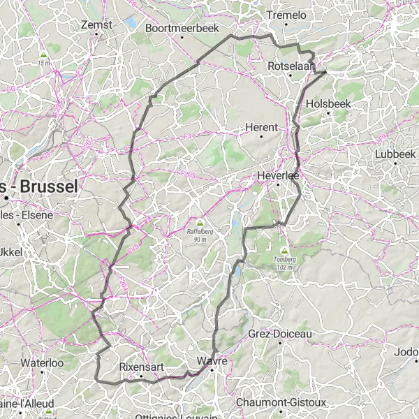 Miniature de la carte de l'inspiration cycliste "Tour des Collines Flamandes" dans la Prov. Vlaams-Brabant, Belgium. Générée par le planificateur d'itinéraire cycliste Tarmacs.app