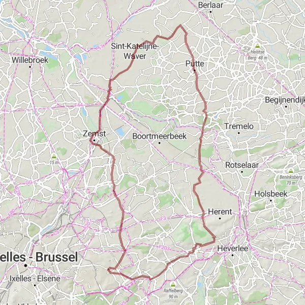 Map miniature of "Wezembeek-Oppem Gravel Adventure" cycling inspiration in Prov. Vlaams-Brabant, Belgium. Generated by Tarmacs.app cycling route planner