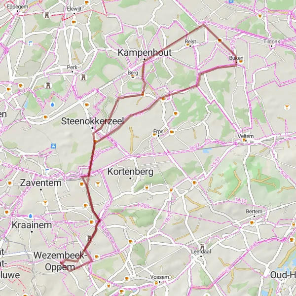 Karten-Miniaturansicht der Radinspiration "Rund um Wezembeek-Oppem entlang der Schotterwege" in Prov. Vlaams-Brabant, Belgium. Erstellt vom Tarmacs.app-Routenplaner für Radtouren