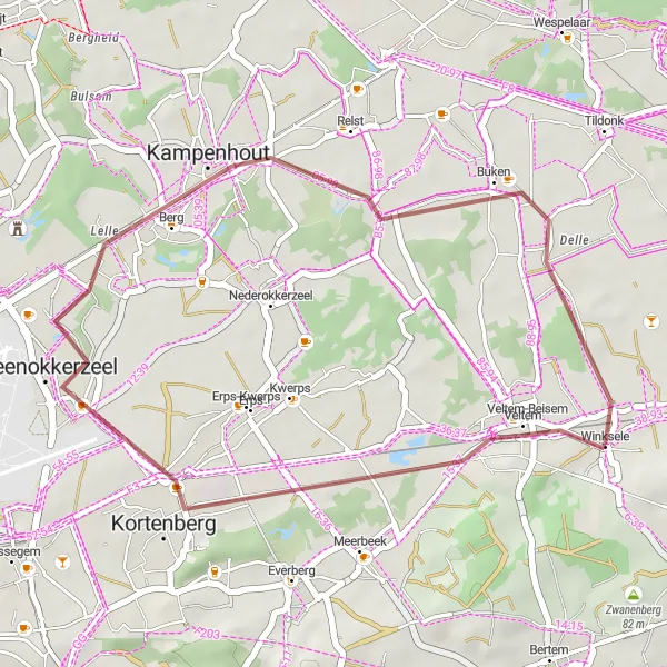 Map miniature of "Steenokkerzeel Route" cycling inspiration in Prov. Vlaams-Brabant, Belgium. Generated by Tarmacs.app cycling route planner