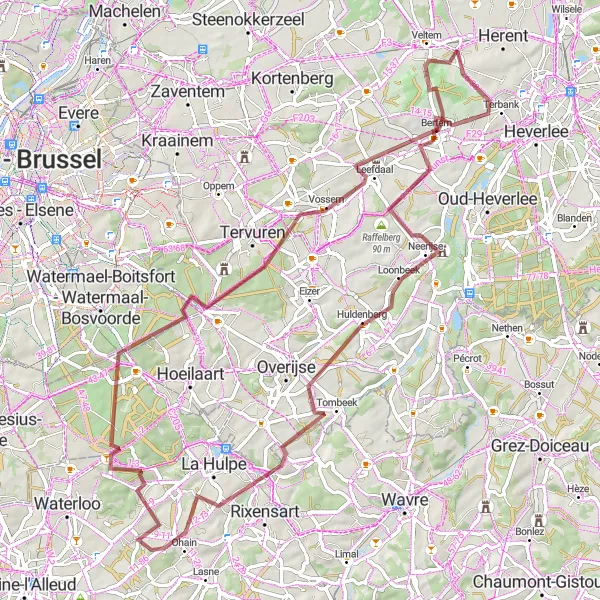 Map miniature of "Huldenberg Gravel Escape" cycling inspiration in Prov. Vlaams-Brabant, Belgium. Generated by Tarmacs.app cycling route planner