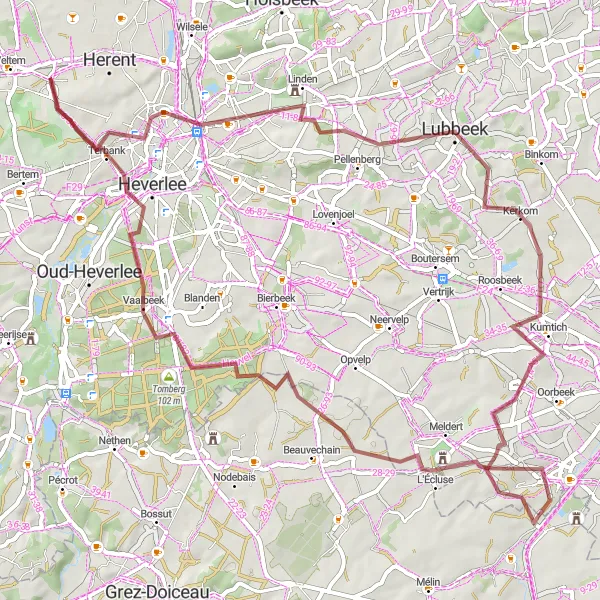 Map miniature of "Challenging Gravel Ride through Leuven and Hoegaarden" cycling inspiration in Prov. Vlaams-Brabant, Belgium. Generated by Tarmacs.app cycling route planner