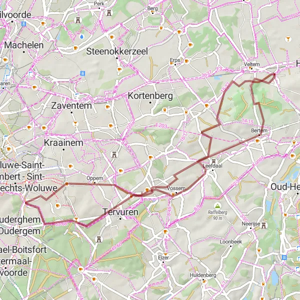 Map miniature of "Vossem and Kasteel de Liedekerke Gravel Ride" cycling inspiration in Prov. Vlaams-Brabant, Belgium. Generated by Tarmacs.app cycling route planner